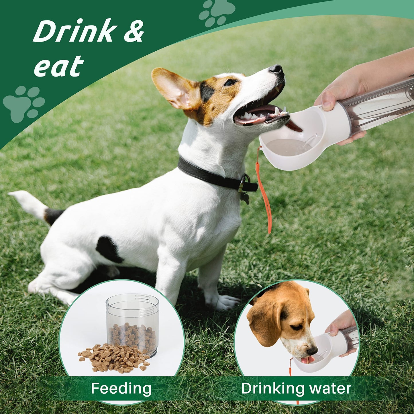 17Oz 3 in 1 Portable Dog Water Bottle, Outdoor Dog Water Dispenser with Poop Bag, Pet Travel Water Bottle Dispenser with Drinking Feeder and Food Container for Dogs Walk Travel, Length 15.55"