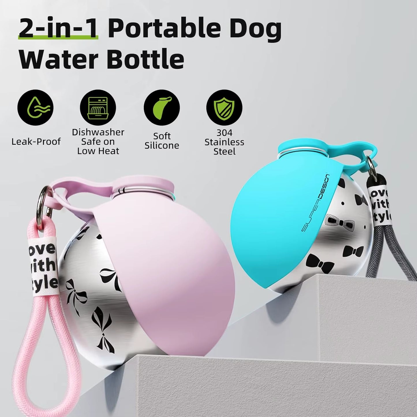 Portable Dog Water Bottle for Small Dogs Leak-Proof & Compact Dog Travel Water Bottle -Stainless Steel Bottle & Silicone Bowl